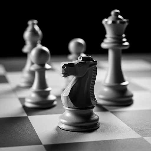 Close-up van een schaakpaard omringd door andere stukken op een bord, waarbij strategisch denken en tactisch spel in zwart-wit worden benadrukt.