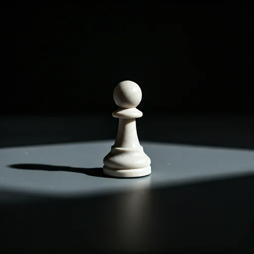 Een enkele witte schaakpion, geïsoleerd op een bord met dramatische belichting, die eenvoud, focus en strategisch potentieel symboliseert.
